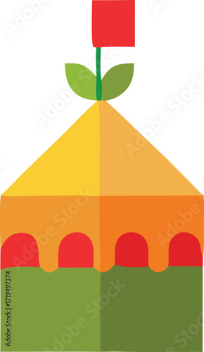 Whimsical festival tent with colorful geometric shapes and floral crown for celebration and joy