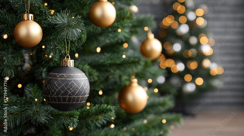 Fototapeta premium Christmas festival party decorating joyful christmas tree with glowing ornaments in a cozy home environment