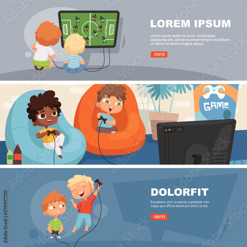 Gamers. cute happy kids playing in video games on consoles. vector banners template