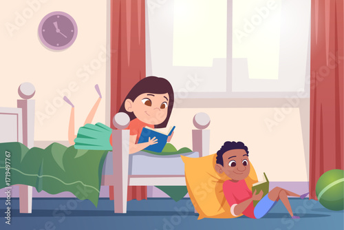 Kids. little kids reading book in room interior