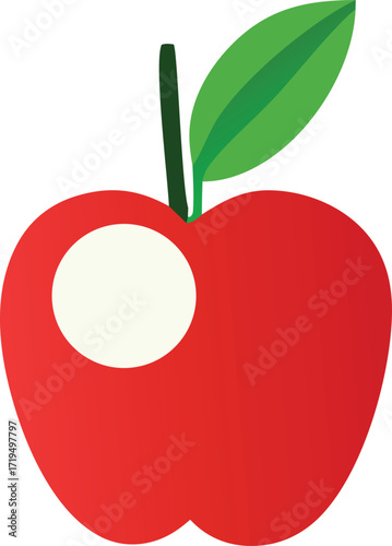Vibrant red apple with a single green leaf and stem simple fruit graphic for educational or culinary themes
