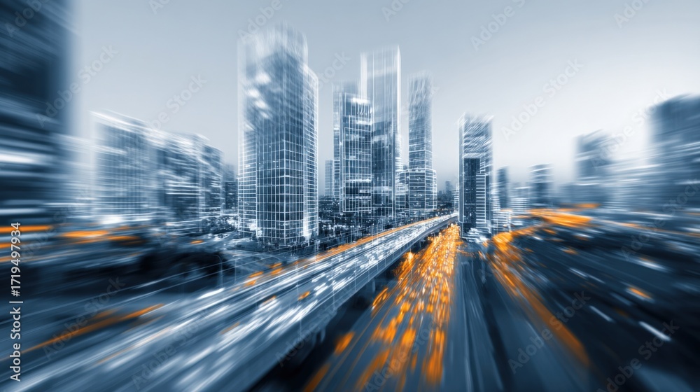 Fototapeta premium Dynamic Cityscape: Modern Architecture with Blurred Motion, Transportation Infrastructure, and Urban Energy in Blue and Orange