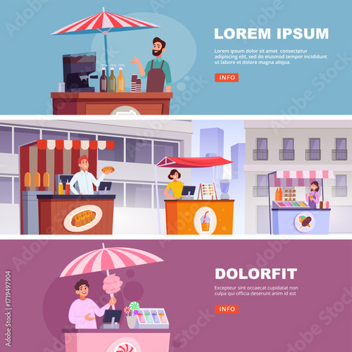 Street food. urban landscape with street vendors different snacks fast food and ice creams. vector banners
