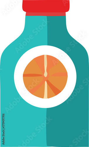 A vibrant close-up of a teal bottle with a red cap featuring a circular orange slice graphic for a refreshing beverage or product label design.