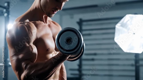 Muscular man performing bicep curls with a dumbbell in a modern gym with soft lighting