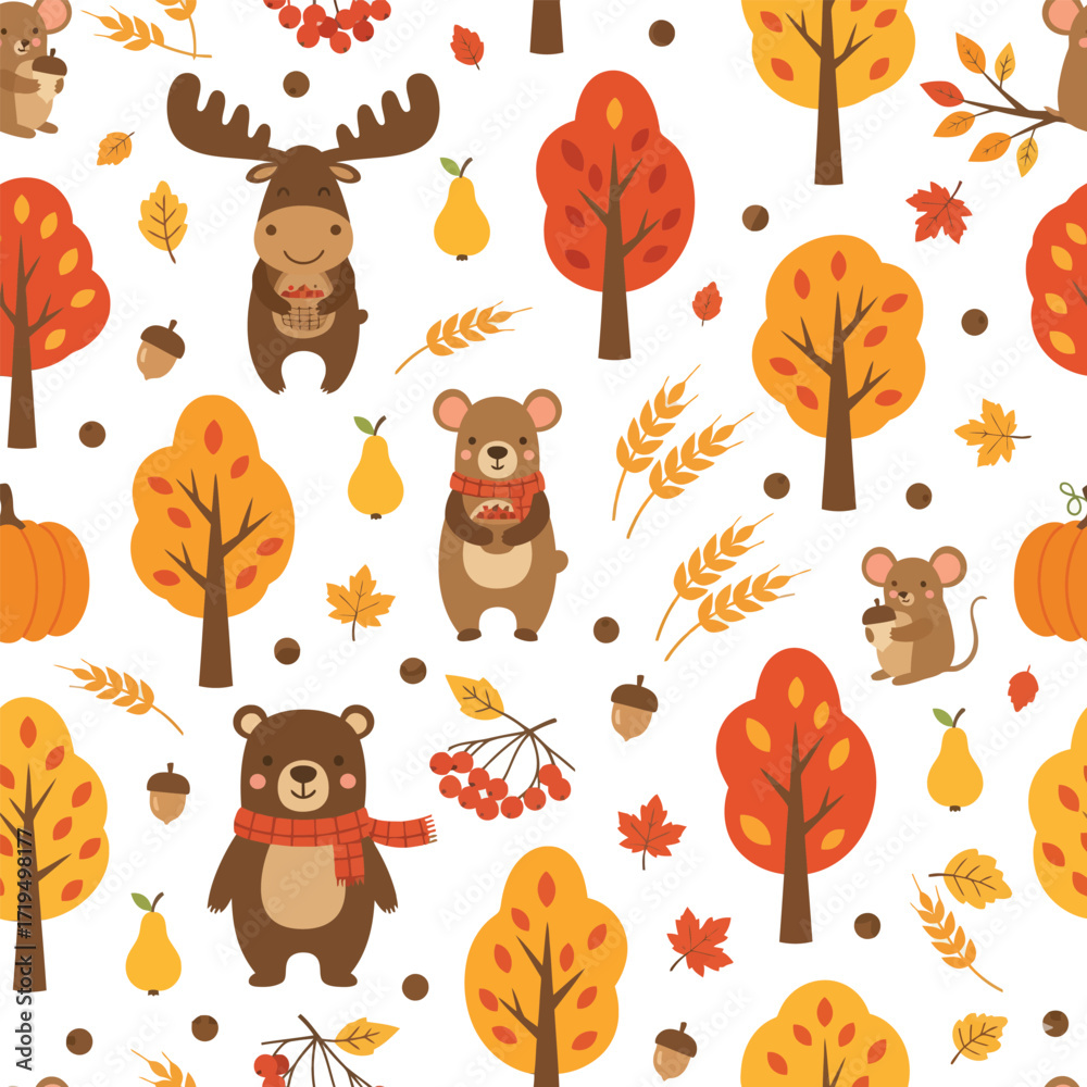 Fototapeta premium Seamless Autumn Forest Pattern with Cute Woodland Animals