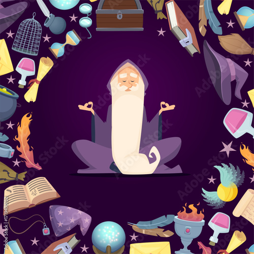 Wizard. magician character sitting and do magic. vector background in circle form