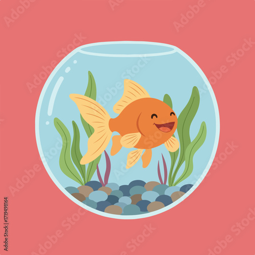 A cartoonish illustration of a smiling orange goldfish swimming in a round glass fishbowl with blue water, green plants, and colorful pebbles at the bottom.