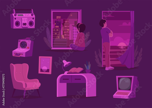 Lo fi. Melancholic aesthetic retro illustration exact vector purple range colors
