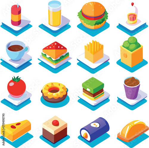 Isometric food icons set delicious fast food and drinks graphics for apps and websites serving a variety of tasty meal options
