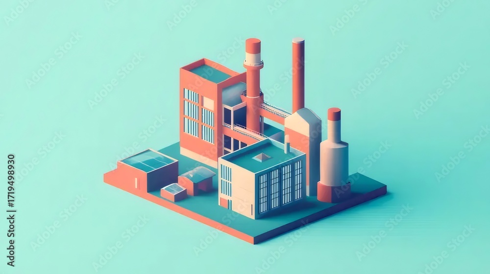Obraz premium オレンジ工場の建造物が水色の背景にアイソメトリック