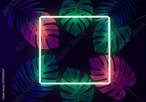 Creative fluorescent tropical leaves with glowing neon square frame, flat lay nature concept