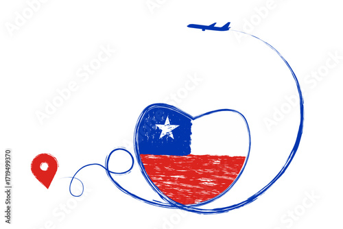 Flag of Chile. Heart, love romantic travel. Symbol of airplane, air plane, aircraft, aeroplane, flying, fly jet airline. Line path. Vector location pointer route. Travel for your web site design, logo