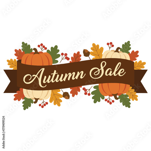 A festive 'Autumn Sale' banner with a brown ribbon, surrounded by pumpkins, acorns, and colorful seasonal fall leaves. vector illustration