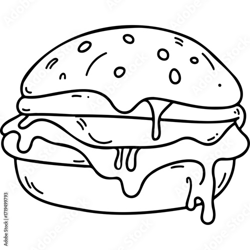 Hand-drawn burger with melted cheese and sesame seed bun  