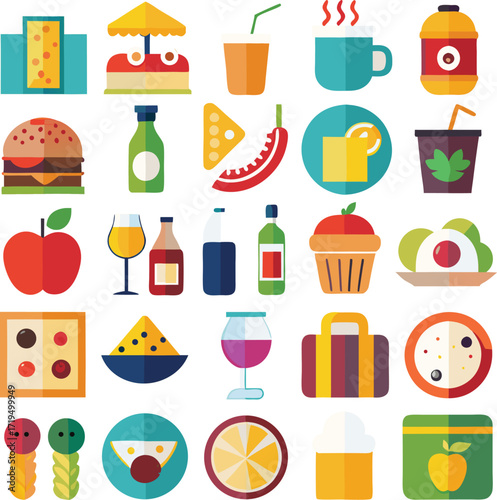 Colorful assortment of delicious food and drink icons representing a wide variety of popular refreshments and meals