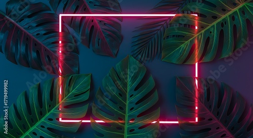 Creative fluorescent tropical leaves with glowing neon square frame, flat lay nature concept