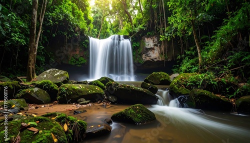 Fototapeta Naklejka Na Ścianę i Meble -  Lush waterfall cascading into a tranquil stream surrounded by dense jungle foliage