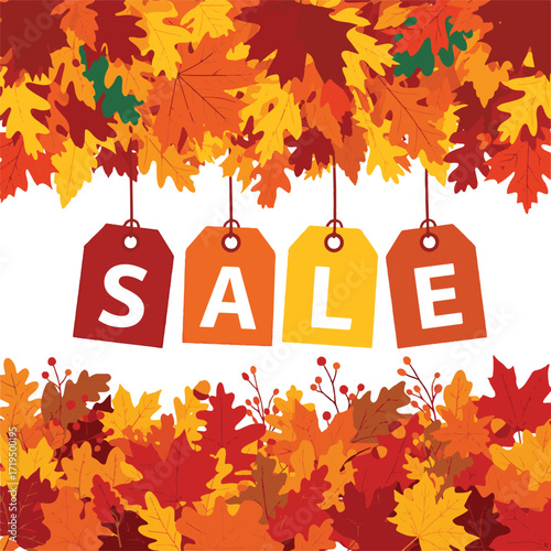 A vibrant autumn sale background with a colorful border of maple leaves and hanging price tags for seasonal promotions. vector illustration
