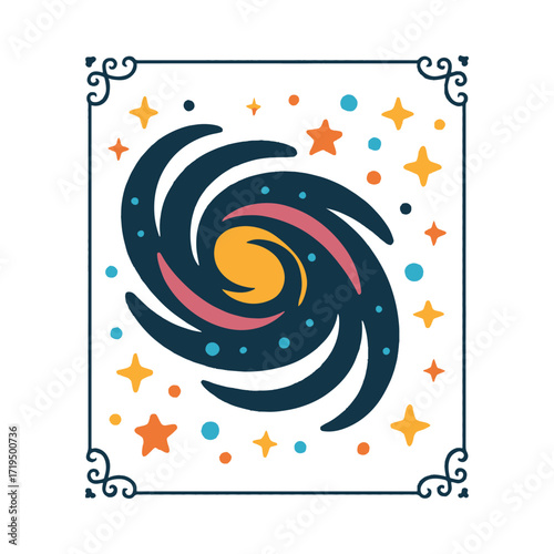 Cosmic Vortex Design: An imaginative depiction of a swirling galaxy with vibrant stars, evoking the mysteries of the cosmos within a decorative frame.