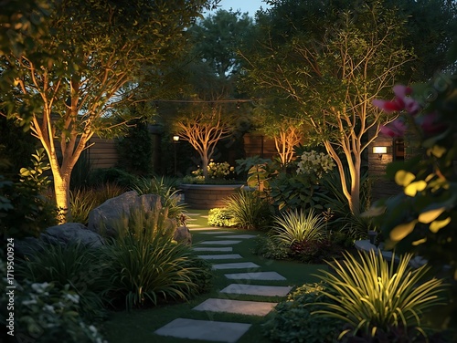 Enchanted garden pathway illuminated by warm landscape lighting at dusk