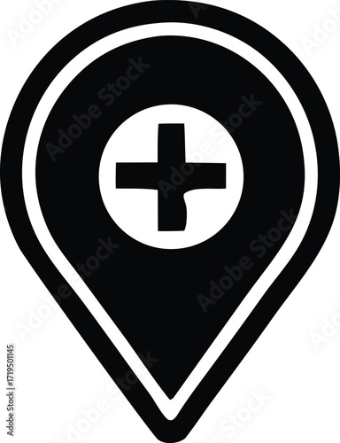Medical location pin icon black and white symbol for healthcare services and hospitals finding directions to clinics
