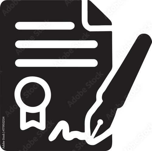 Legal contract silhouette vector icon for law, agreement, justice, paperwork, signature, authority, and document design.