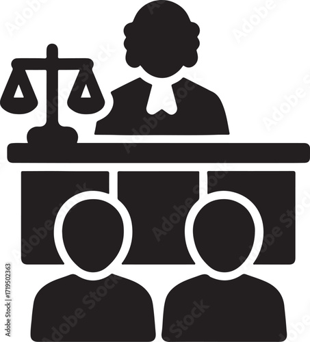 Courtroom scene silhouette vector icon for law, justice, trial, judge, jury, attorney, and legal process design.