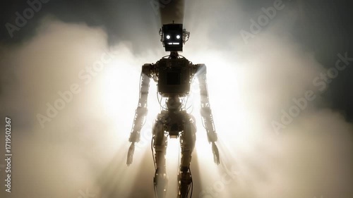 Terrifying humanoid robot silhouette with glowing eyes standing still in a dark, smoky environment with bright backlighting, evoking a sense of dread from an apocalyptic, futuristic world