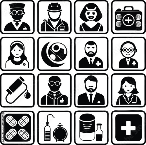 Diverse medical professionals and healthcare icons set for modern healthcare representation and professional use