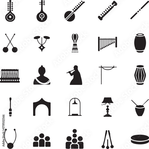A Set of  musical instruments and cultural icons in silhouette