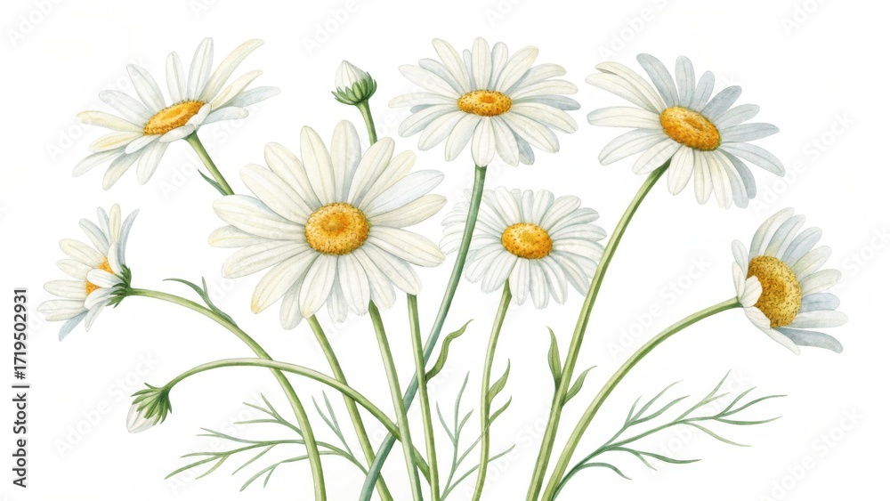Obraz premium Delicate white chamomile flowers with yellow centers blooming in a gentle field