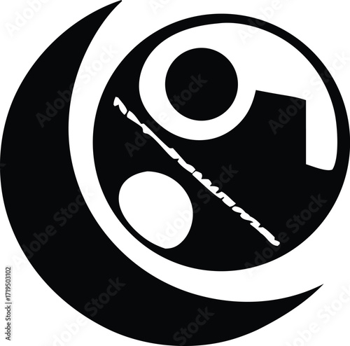 Abstract symbol featuring a crescent moon yin yang swirl with a stylized flute or wand element