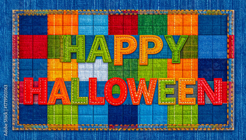 Bright colors in a patchwork style create an inviting Halloween greeting. The cheerful Happy Halloween lettering stands out against a textured background, evoking a festive spirit