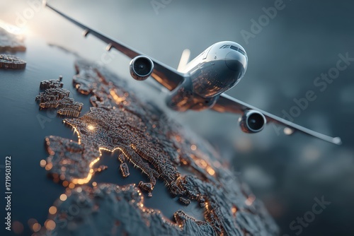 Commercial airplane flying over a detailed map of Europe at dusk. Use for travel, global business, or aviation industry concepts.