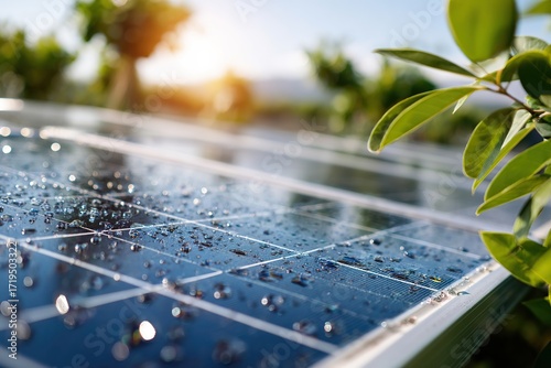 Close-up of solar panels with water droplets