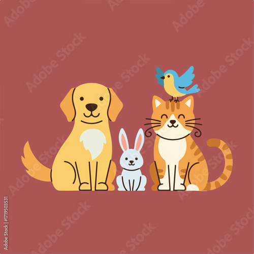 A charming illustration features a golden retriever, a bunny, a cat with a bird on its head, all set against a solid maroon background.