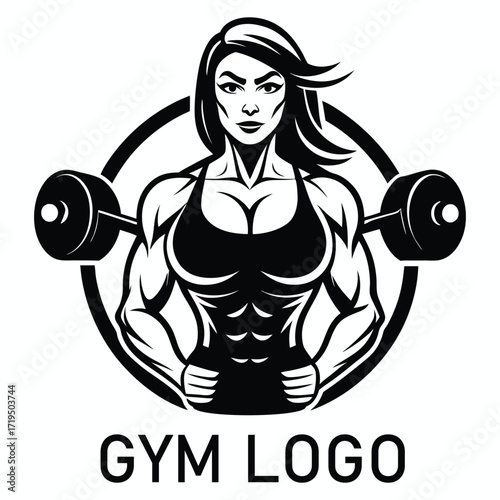 Powerful muscular woman bodybuilder holding barbell silhouette logo for gym and fitness