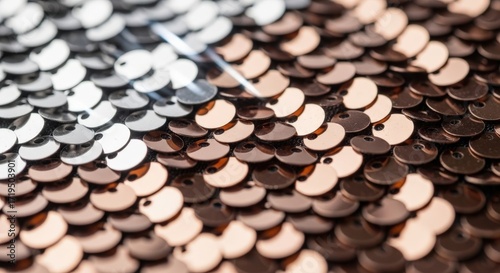 Close-up of Sparkling Sequins Bronze Silver and Beige Colors.