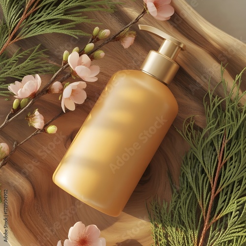 Wallpaper Mural cosmetic bottle with pink flowers on wooden background Torontodigital.ca