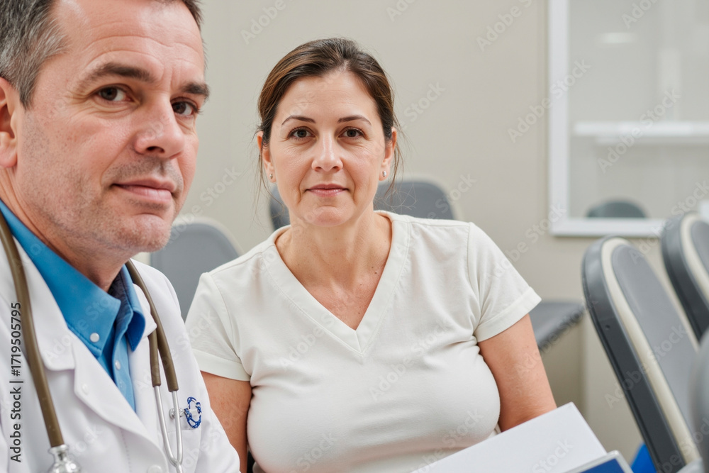 Obraz premium Portrait of man and woman sitting together in medical , man wearing stethoscope, both looking into camera, holding documents