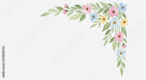 Watercolor Floral Corner Design with Pink Blue Yellow Flowers.
