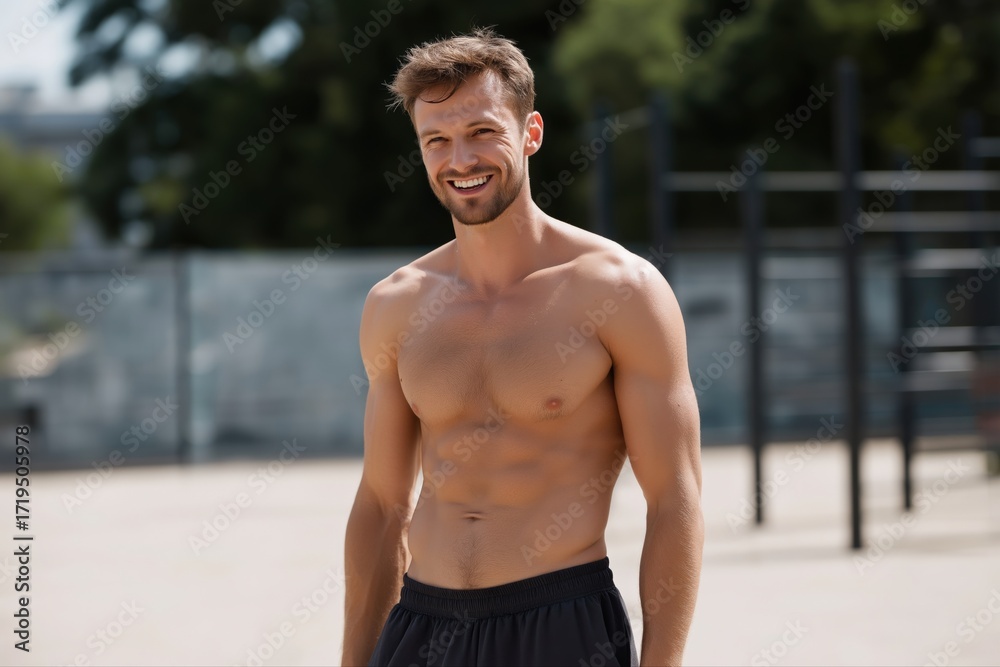 Fototapeta premium Young caucasian male in urban outdoor workout setting smiling confidently