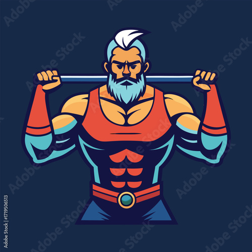 Muscular bearded man with white hair lifting weights in a vintage style illustration
