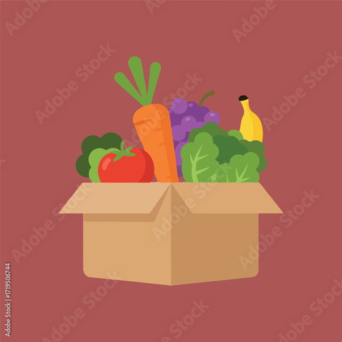 A cardboard box overflowing with various fruits and vegetables including a tomato, carrot, lettuce, grapes and banana, all on a reddish-brown background.