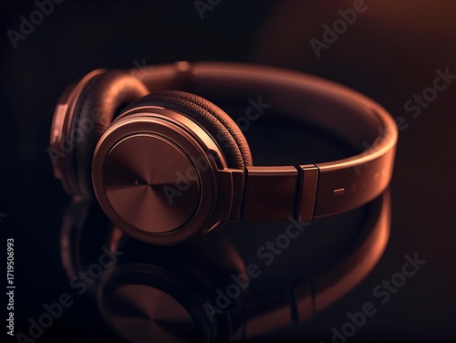 Stylish copper headphones reflecting on a dark surface