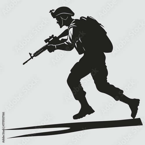 Silhouette of a soldier in tactical gear running with a rifle and backpack
