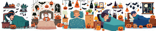 vector of little boy sleeping in halloween decoration room