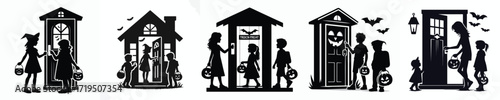 vector of children knocking on the door trick or treat