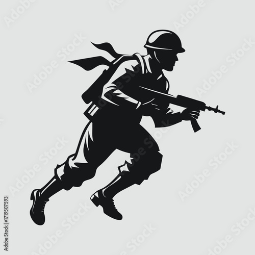 Silhouette of a soldier running with a rifle and backpack in a dynamic pose